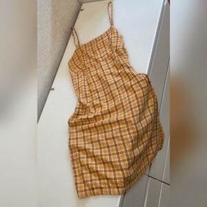 Yellow And Brown Plaid Sleeveless Dress